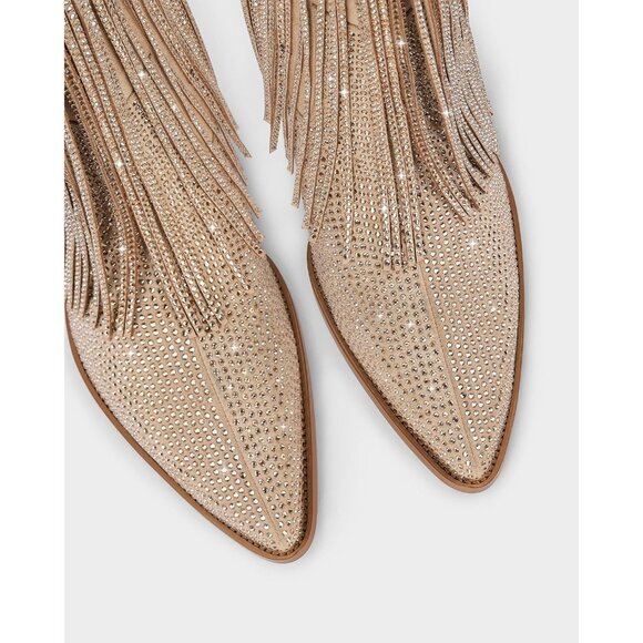 Women's Beige Cowgirl Rhinestone Western Boots with Sparkly Fringe Pointed Toe - Picture 6 of 6